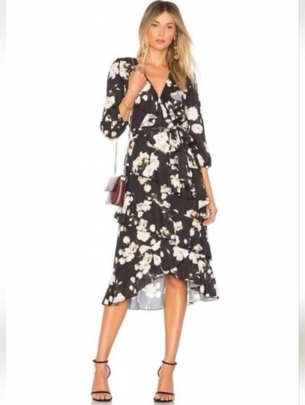 Al8ce & Olivia Floral Wrap Midi Dress in Black and White Size 10